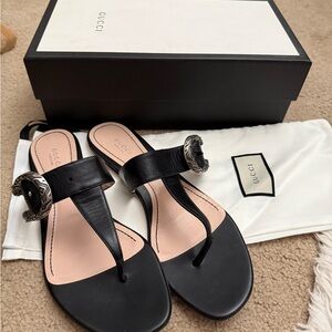 Gucci Dionysus Accent Leather Slides Black Leather Women's Sandals